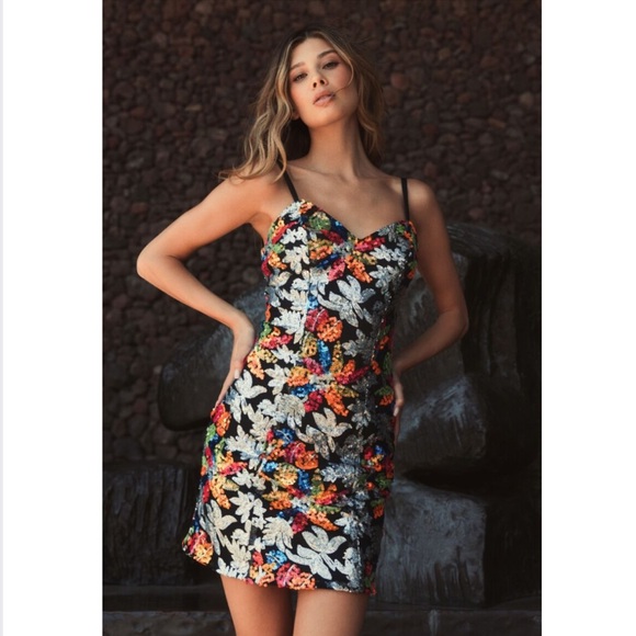 Mac Duggal Floral Sequined Spaghetti Strap Mini Dress